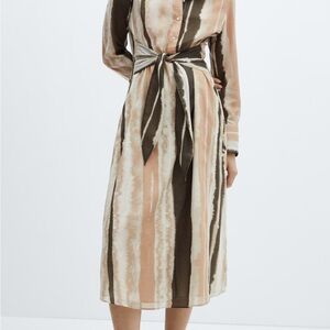 Mango Striped Tie-Waist Midi Shirt Dress in Neutral Tones